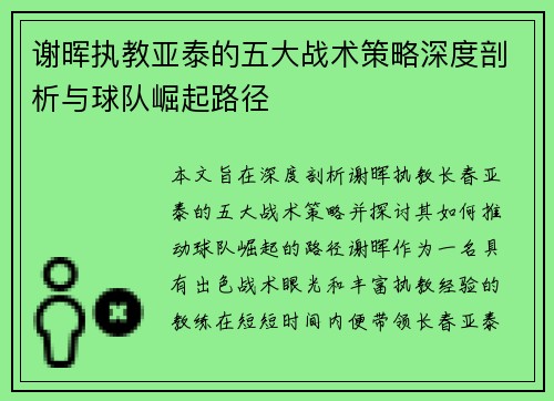 谢晖执教亚泰的五大战术策略深度剖析与球队崛起路径