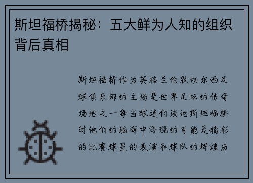 斯坦福桥揭秘：五大鲜为人知的组织背后真相