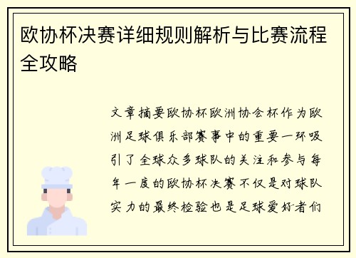 欧协杯决赛详细规则解析与比赛流程全攻略
