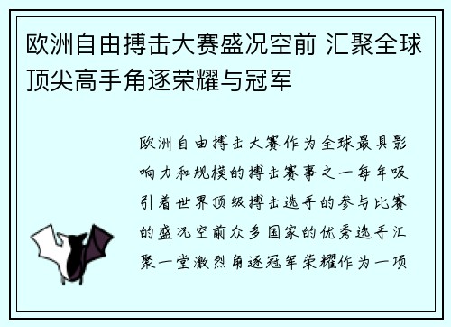 欧洲自由搏击大赛盛况空前 汇聚全球顶尖高手角逐荣耀与冠军
